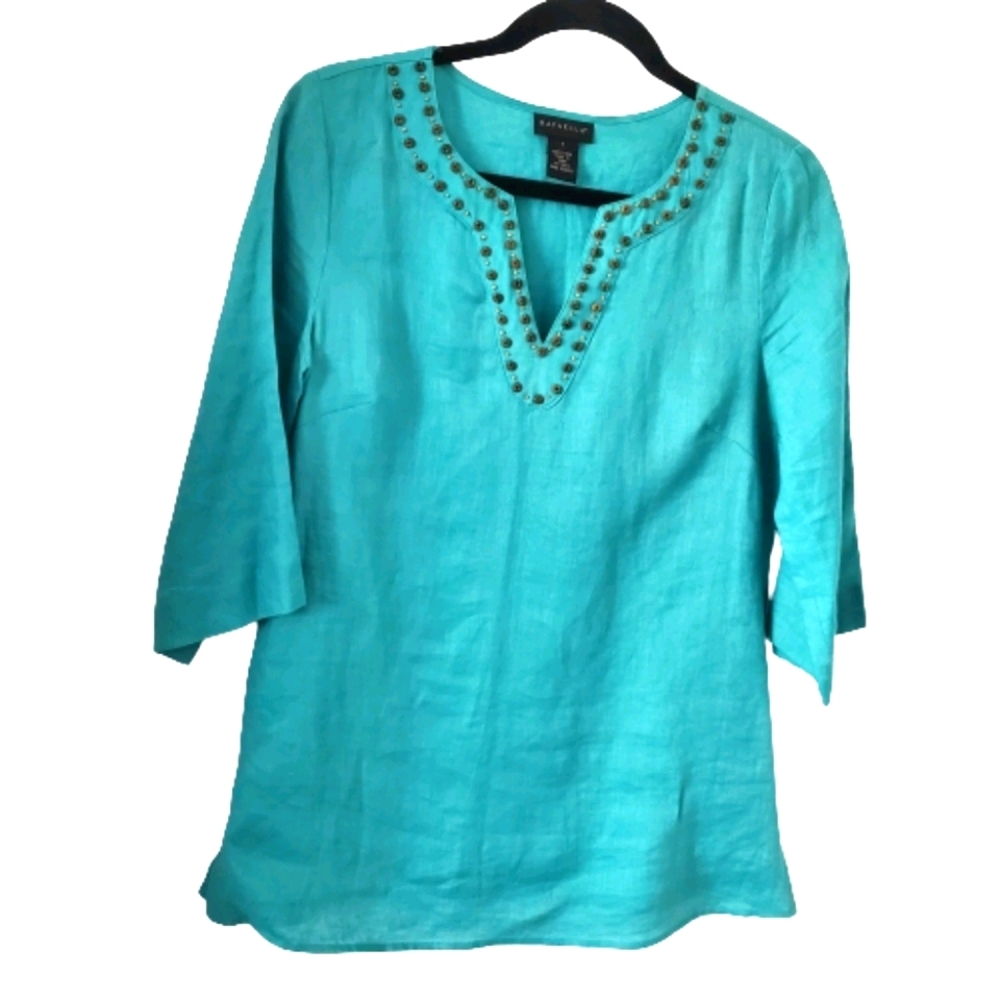 Rafaella 100% Linen Tunic with Beaded Neckline, S